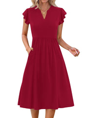 Fantaslook Summer Dresses for Women Ruffle Sleeve V Neck Midi Dresses Fashion Casual Flowy Vacation Sundress