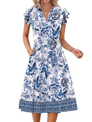 Fantaslook Summer Dresses for Women Ruffle Sleeve V Neck Midi Dresses Fashion Casual Flowy Vacation Sundress