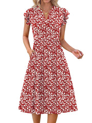 Fantaslook Summer Dresses for Women Ruffle Sleeve V Neck Midi Dresses Fashion Casual Flowy Vacation Sundress