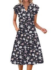 Fantaslook Summer Dresses for Women Ruffle Sleeve V Neck Midi Dresses Fashion Casual Flowy Vacation Sundress