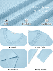 UVN Long Sleeve Tops for Women Fall Dressy Lace V Neck Tunic Blouses Ladies Ribbed Knit Slim Fit Pullover Shirts