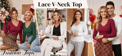 UVN Long Sleeve Tops for Women Fall Dressy Lace V Neck Tunic Blouses Ladies Ribbed Knit Slim Fit Pullover Shirts