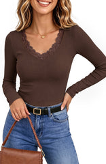 UVN Long Sleeve Tops for Women Fall Dressy Lace V Neck Tunic Blouses Ladies Ribbed Knit Slim Fit Pullover Shirts