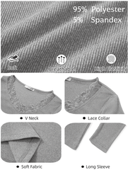 UVN Long Sleeve Tops for Women Fall Dressy Lace V Neck Tunic Blouses Ladies Ribbed Knit Slim Fit Pullover Shirts