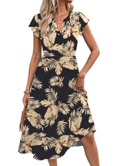 Fantaslook Summer Dresses for Women Ruffle Sleeve V Neck Midi Dresses Fashion Casual Flowy Vacation Sundress