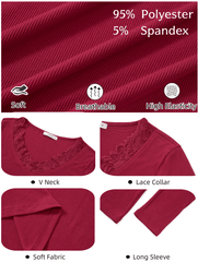 UVN Long Sleeve Tops for Women Fall Dressy Lace V Neck Tunic Blouses Ladies Ribbed Knit Slim Fit Pullover Shirts