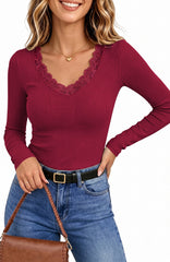 UVN Long Sleeve Tops for Women Fall Dressy Lace V Neck Tunic Blouses Ladies Ribbed Knit Slim Fit Pullover Shirts