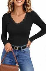 UVN Long Sleeve Tops for Women Fall Dressy Lace V Neck Tunic Blouses Ladies Ribbed Knit Slim Fit Pullover Shirts