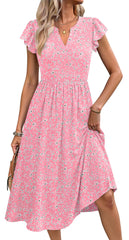 Fantaslook Summer Dresses for Women Ruffle Sleeve V Neck Midi Dresses Fashion Casual Flowy Vacation Sundress