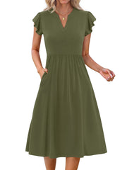 Fantaslook Summer Dresses for Women Ruffle Sleeve V Neck Midi Dresses Fashion Casual Flowy Vacation Sundress