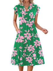 Fantaslook Summer Dresses for Women Ruffle Sleeve V Neck Midi Dresses Fashion Casual Flowy Vacation Sundress