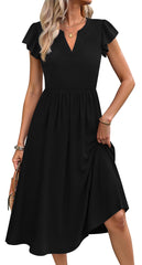 Fantaslook Summer Dresses for Women Ruffle Sleeve V Neck Midi Dresses Fashion Casual Flowy Vacation Sundress