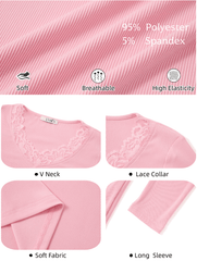 UVN Long Sleeve Tops for Women Fall Dressy Lace V Neck Tunic Blouses Ladies Ribbed Knit Slim Fit Pullover Shirts
