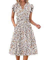 Fantaslook Summer Dresses for Women Ruffle Sleeve V Neck Midi Dresses Fashion Casual Flowy Vacation Sundress