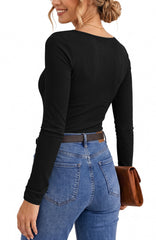UVN Long Sleeve Tops for Women Fall Dressy Lace V Neck Tunic Blouses Ladies Ribbed Knit Slim Fit Pullover Shirts