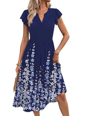 Fantaslook Summer Dresses for Women Ruffle Sleeve V Neck Midi Dresses Fashion Casual Flowy Vacation Sundress
