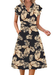 Fantaslook Summer Dresses for Women Ruffle Sleeve V Neck Midi Dresses Fashion Casual Flowy Vacation Sundress
