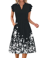 Fantaslook Summer Dresses for Women Ruffle Sleeve V Neck Midi Dresses Fashion Casual Flowy Vacation Sundress