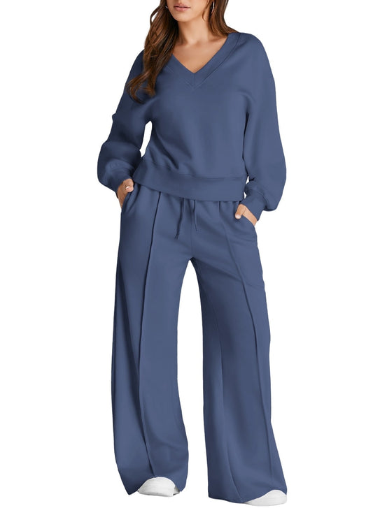 DOKOTOO Sweatsuits for Women 2 Piece Outfits Oversized Casual V Neck Sweatshirt with Wide Leg Sweatpants Tracksuit Jogger Set