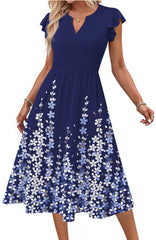 Fantaslook Summer Dresses for Women Ruffle Sleeve V Neck Midi Dresses Fashion Casual Flowy Vacation Sundress