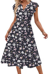 Fantaslook Summer Dresses for Women Ruffle Sleeve V Neck Midi Dresses Fashion Casual Flowy Vacation Sundress