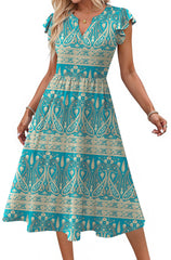 Fantaslook Summer Dresses for Women Ruffle Sleeve V Neck Midi Dresses Fashion Casual Flowy Vacation Sundress