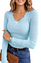 UVN Long Sleeve Tops for Women Fall Dressy Lace V Neck Tunic Blouses Ladies Ribbed Knit Slim Fit Pullover Shirts