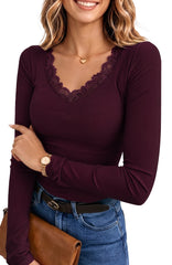 UVN Long Sleeve Tops for Women Fall Dressy Lace V Neck Tunic Blouses Ladies Ribbed Knit Slim Fit Pullover Shirts