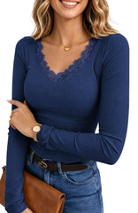 UVN Long Sleeve Tops for Women Fall Dressy Lace V Neck Tunic Blouses Ladies Ribbed Knit Slim Fit Pullover Shirts