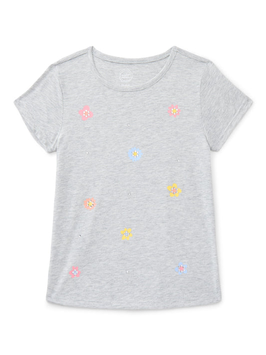 Wonder Nation Girls Embroidered Graphic T-Shirt with Short Sleeves, Sizes 4-18 & Plus