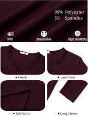 UVN Long Sleeve Tops for Women Fall Dressy Lace V Neck Tunic Blouses Ladies Ribbed Knit Slim Fit Pullover Shirts