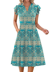 Fantaslook Summer Dresses for Women Ruffle Sleeve V Neck Midi Dresses Fashion Casual Flowy Vacation Sundress