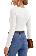 UVN Long Sleeve Tops for Women Fall Dressy Lace V Neck Tunic Blouses Ladies Ribbed Knit Slim Fit Pullover Shirts