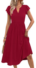 Fantaslook Summer Dresses for Women Ruffle Sleeve V Neck Midi Dresses Fashion Casual Flowy Vacation Sundress