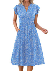 Fantaslook Summer Dresses for Women Ruffle Sleeve V Neck Midi Dresses Fashion Casual Flowy Vacation Sundress