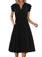 Fantaslook Summer Dresses for Women Ruffle Sleeve V Neck Midi Dresses Fashion Casual Flowy Vacation Sundress