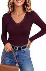 UVN Long Sleeve Tops for Women Fall Dressy Lace V Neck Tunic Blouses Ladies Ribbed Knit Slim Fit Pullover Shirts