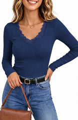 UVN Long Sleeve Tops for Women Fall Dressy Lace V Neck Tunic Blouses Ladies Ribbed Knit Slim Fit Pullover Shirts