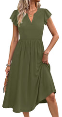 Fantaslook Summer Dresses for Women Ruffle Sleeve V Neck Midi Dresses Fashion Casual Flowy Vacation Sundress