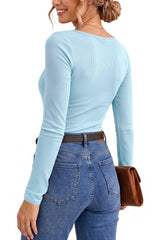 UVN Long Sleeve Tops for Women Fall Dressy Lace V Neck Tunic Blouses Ladies Ribbed Knit Slim Fit Pullover Shirts