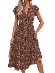Fantaslook Summer Dresses for Women Ruffle Sleeve V Neck Midi Dresses Fashion Casual Flowy Vacation Sundress