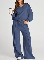 DOKOTOO Sweatsuits for Women 2 Piece Outfits Oversized Casual V Neck Sweatshirt with Wide Leg Sweatpants Tracksuit Jogger Set
