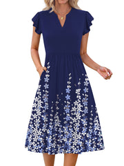 Fantaslook Summer Dresses for Women Ruffle Sleeve V Neck Midi Dresses Fashion Casual Flowy Vacation Sundress