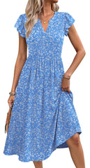 Fantaslook Summer Dresses for Women Ruffle Sleeve V Neck Midi Dresses Fashion Casual Flowy Vacation Sundress