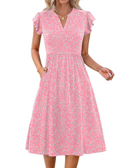 Fantaslook Summer Dresses for Women Ruffle Sleeve V Neck Midi Dresses Fashion Casual Flowy Vacation Sundress