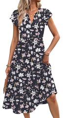 Fantaslook Summer Dresses for Women Ruffle Sleeve V Neck Midi Dresses Fashion Casual Flowy Vacation Sundress
