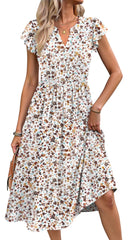 Fantaslook Summer Dresses for Women Ruffle Sleeve V Neck Midi Dresses Fashion Casual Flowy Vacation Sundress