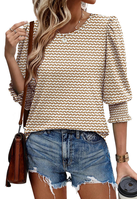 Fantaslook Blouses for Women Dressy Casual 3/4 Length Sleeve Womens Tops with Smocked Cuffs Fashion Shirts