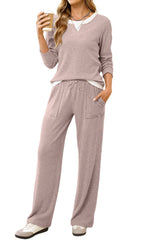 UVN Fall 2 Peice outfit set for Women Color Block Tops and Wide Leg Pants Ladies Sweatsuit Casual Matching Set
