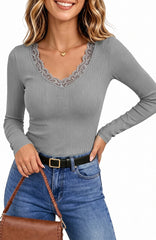 UVN Long Sleeve Tops for Women Fall Dressy Lace V Neck Tunic Blouses Ladies Ribbed Knit Slim Fit Pullover Shirts